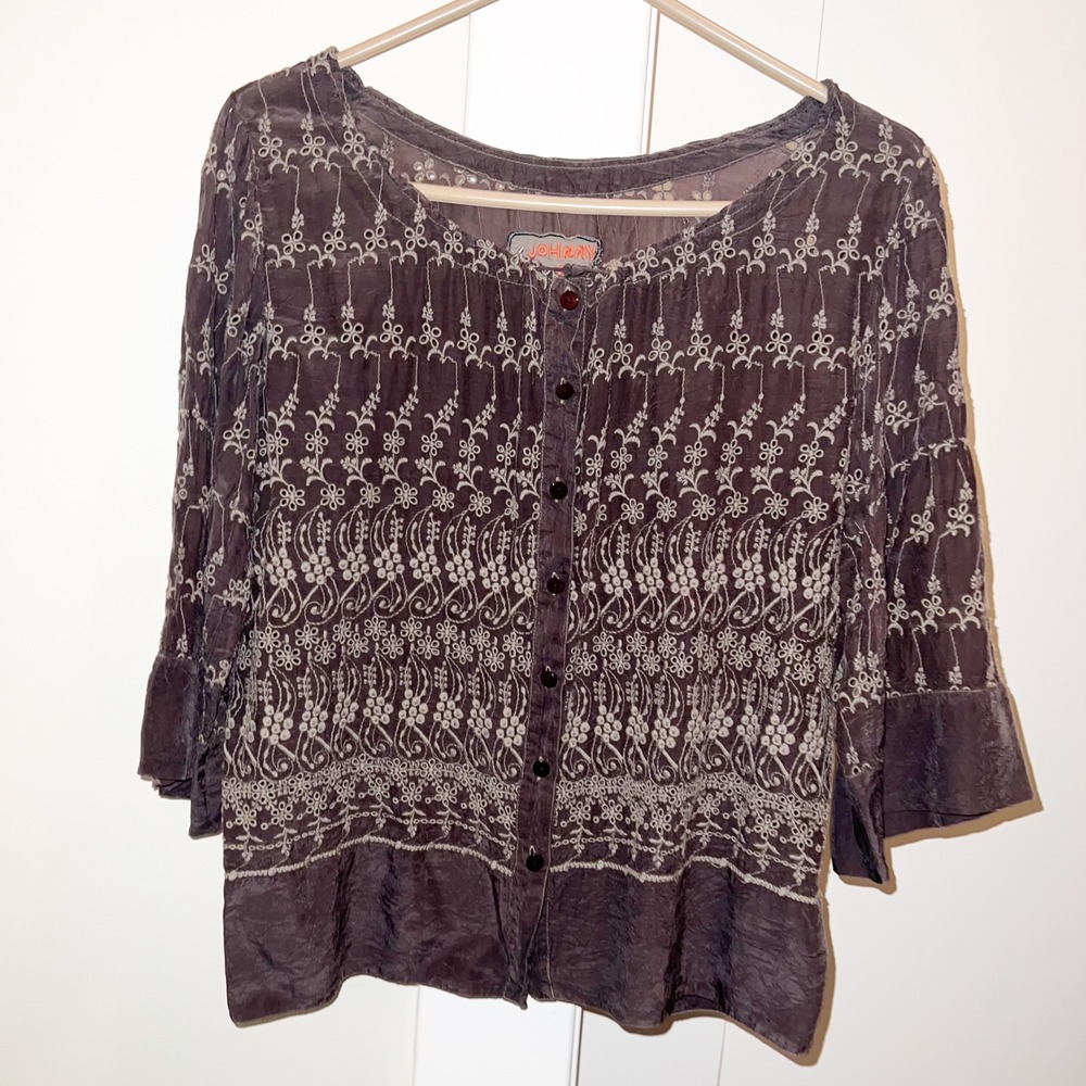 Johnny Was Embroidered‎ Top Small Gray Button Front Boho Travel Festival